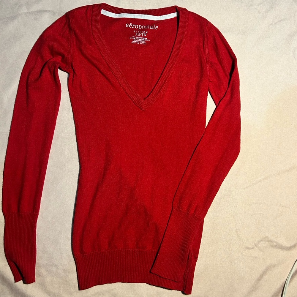 Aeropostale Women's Vivid Red V-Neck Sweater